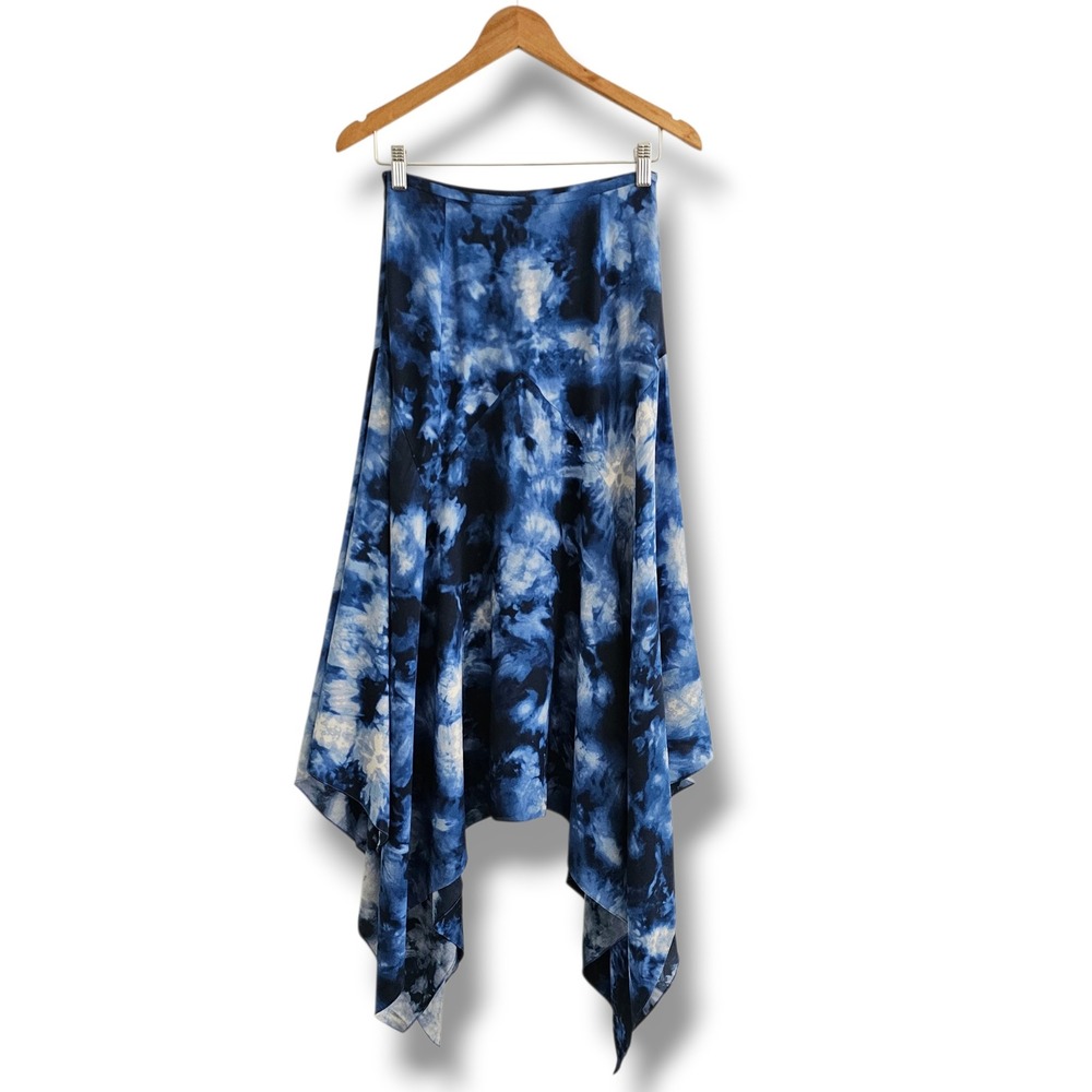 Michael Kors Collection Silk Skirt 2 Blue Tie Dye Handkerchief Hem Midi Artsy